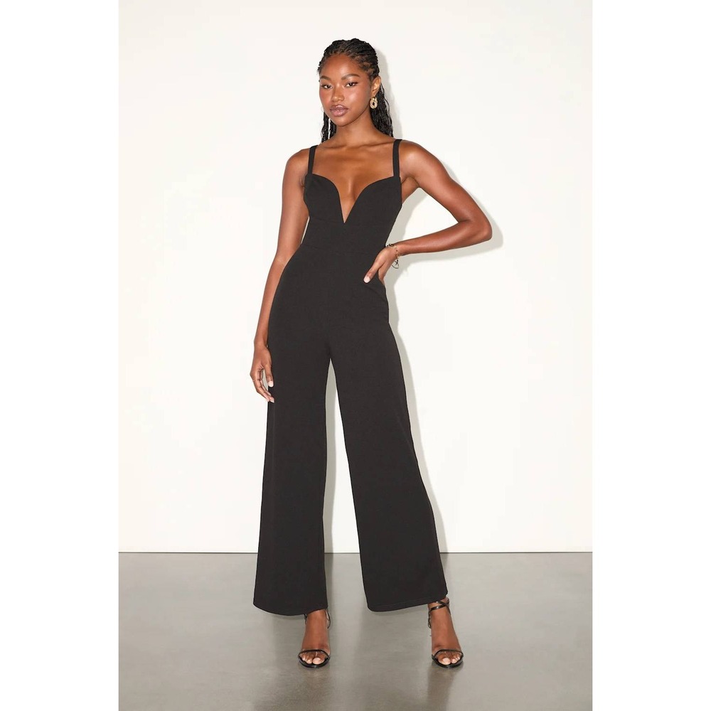 Lulus Brighton Black Plunge Wide-Leg Jumpsuit Size Medium